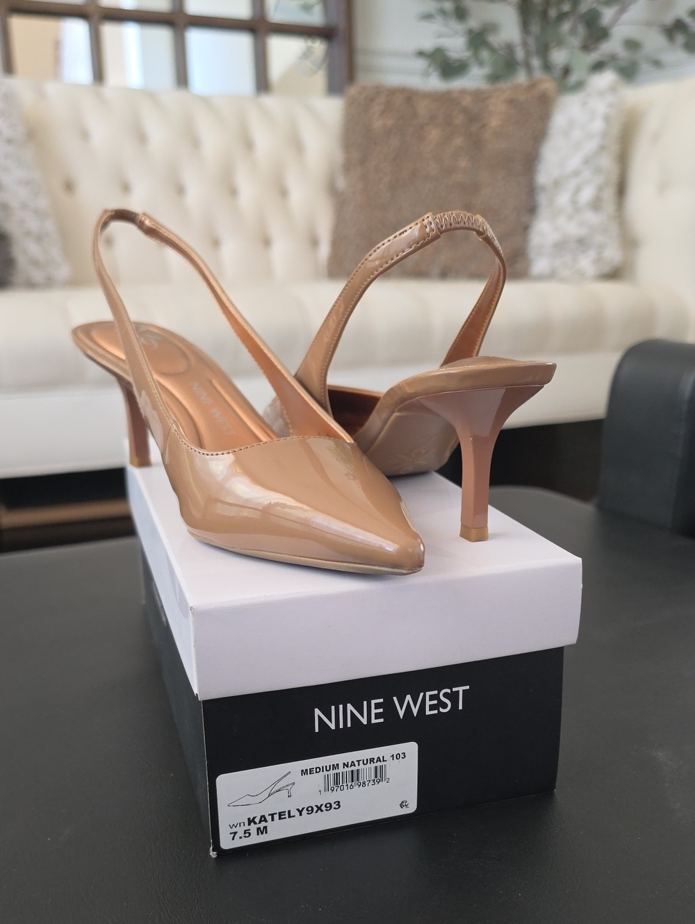 Nine West Kately Pointed Toe Slingback Pumps Medium Natural Nude Patent 7.5 M w/